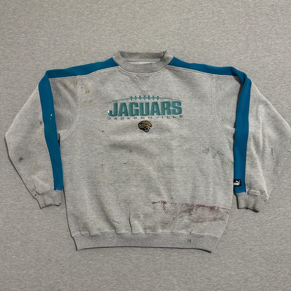 Thrashed Puma Jacksonville Jaguars NFL Crewneck Sweatshirt Teal Gray Mens Large - Picture 1 of 9
